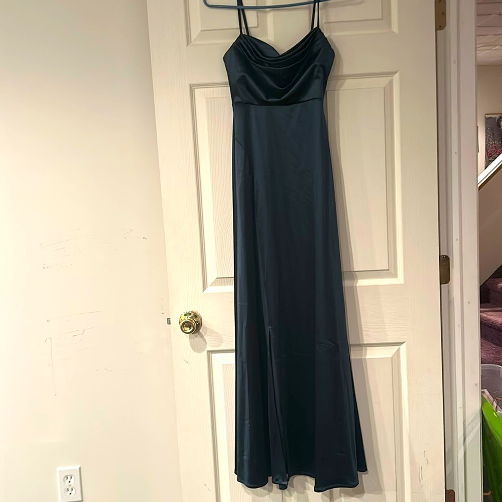 Green satin formal gown